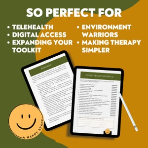 Op de afbeelding: Twee tablets tonen informatie met de tekst "Bronnen" en "Coping Skill Inventory 101". De afbeelding bevat ook de tekst "So Perfect For" en opsommingstekens. Een gele cirkel met een lachend gezicht en de tekst "A Happy Space" is ook aanwezig.