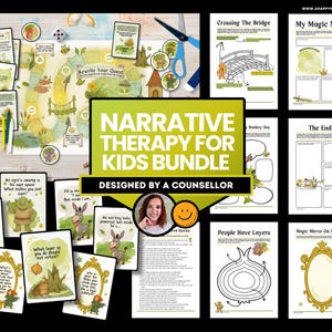 May include: A colorful bundle of narrative therapy resources for kids, including a board game, cards, and worksheets. The title "Narrative Therapy for Kids Bundle" is displayed in a green and yellow banner. Designed by a counselor.