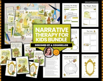 Printable Narrative Therapy Bundle for Kids, Re-Authoring, Externalizing, Identity, and Trauma Techniques, Questions, Worksheets & Game PDF