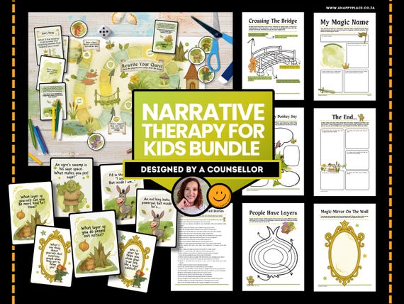 Printable Narrative Therapy Bundle for Kids, Re-Authoring, Externalizing, Identity, and Trauma Techniques, Questions, Worksheets & Game PDF