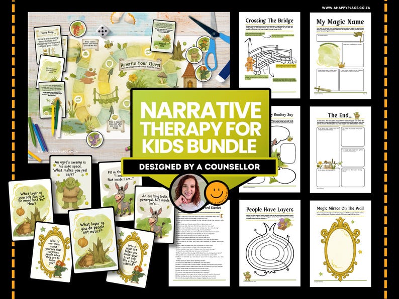 May include: A colorful bundle of narrative therapy resources for kids, including a board game, cards, and worksheets. The title "Narrative Therapy for Kids Bundle" is displayed in a green and yellow banner. Designed by a counselor.