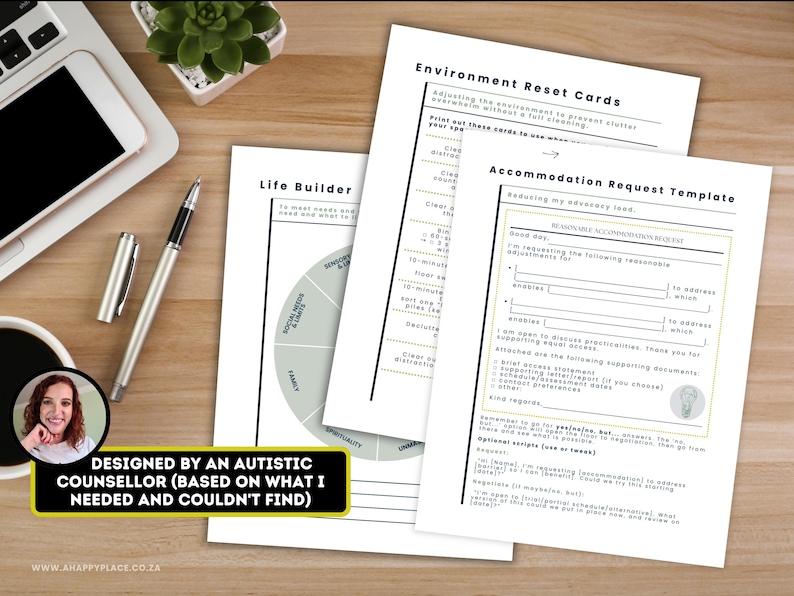 May include: A desk setup with printed worksheets, a laptop, and a coffee cup. The worksheets include "Environment Reset Cards," "Life Builder," and an "Accommodation Request Template." Text on the image reads "Designed by an autistic counsellor."