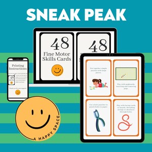 May include: A sneak peek at a set of 48 fine motor skills cards. The cards feature illustrations of activities like putting together puzzles, playing with pegboards, using a hole puncher, and lacing. The cards are designed to help children develop their fine motor skills.