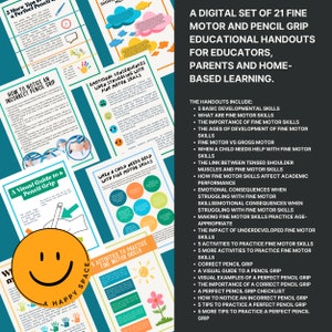 May include: A digital set of 21 educational handouts for educators, parents, and home-based learning. The handouts focus on fine motor skills and pencil grip development. The handouts include topics such as the importance of fine motor skills, the ages of development of fine motor skills, and how to practice a perfect pencil grip.
