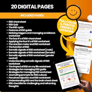 May include: A digital product advertisement featuring a black background with orange accents. The image highlights a set of 20 digital pages, including worksheets and guides on RSD. The product is described as full color and printer-friendly, with a happy face logo.