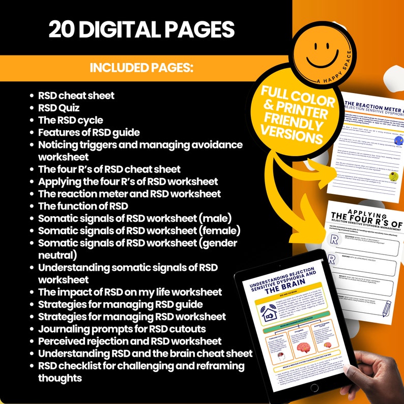 May include: A digital product advertisement featuring a black background with orange accents. The image highlights a set of 20 digital pages, including worksheets and guides on RSD. The product is described as full color and printer-friendly, with a happy face logo.