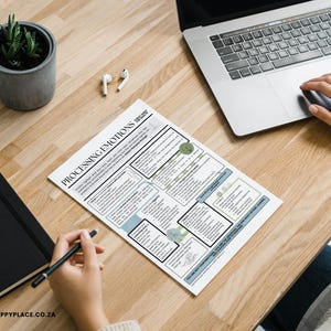 May include: A workspace with a laptop, a printed document titled "Processing Emotions", a black notebook, a pen, a small potted plant, and wireless earbuds. The document is on a wooden desk, with a person's hand using the laptop.