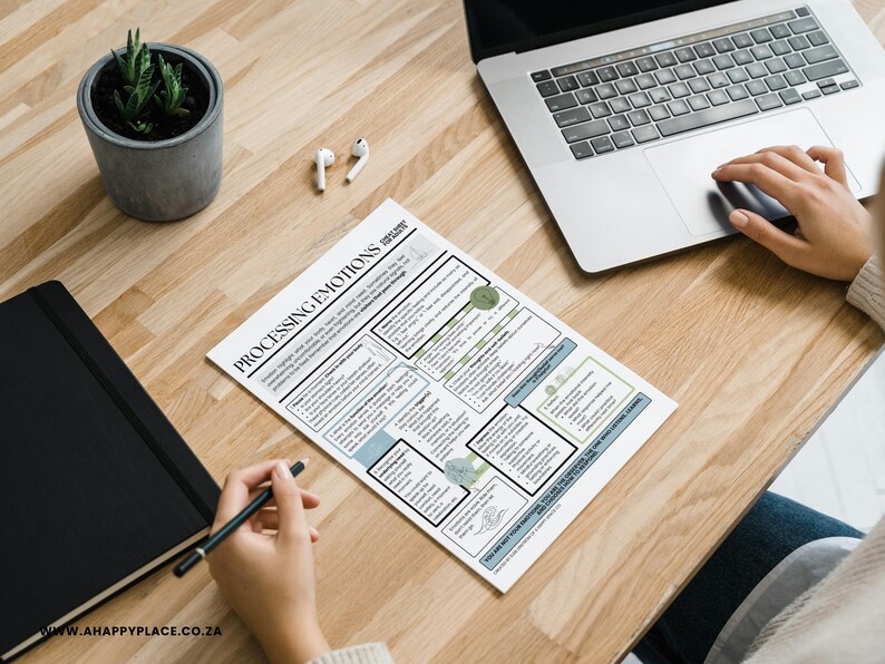 May include: A workspace with a laptop, a printed document titled "Processing Emotions", a black notebook, a pen, a small potted plant, and wireless earbuds. The document is on a wooden desk, with a person's hand using the laptop.
