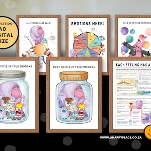 May include: Six framed posters with educational illustrations about emotions. The posters include text such as "All Feelings Are Valid" and "Emotions Wheel." The artwork features cartoon characters and a jar labeled "Don't Bottle Up Your Emotions."