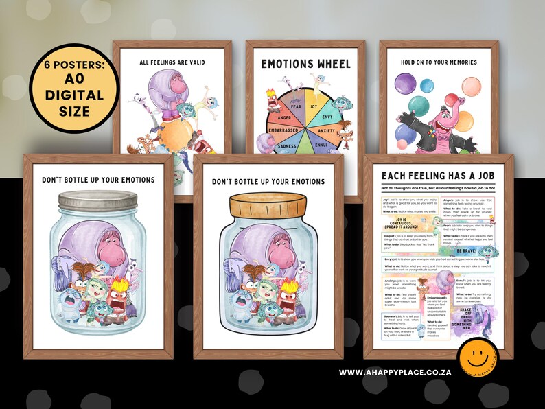 May include: Six framed posters with educational illustrations about emotions. The posters include text such as "All Feelings Are Valid" and "Emotions Wheel." The artwork features cartoon characters and a jar labeled "Don't Bottle Up Your Emotions."