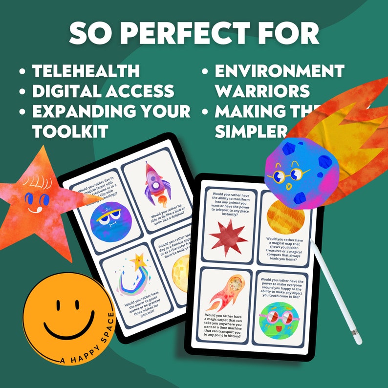 May include: A digital tablet displaying colorful cards with thought-provoking questions. The cards feature illustrations of planets, stars, and rockets. The text on the cards asks "Would you rather..." followed by a choice between two fantastical scenarios. The tablet is on a green background with a red, orange, and yellow star and a blue planet with a smiling face.