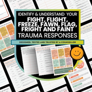 7 Types Signs Fight Flight Freeze Fawn Trauma Response Worksheets Understanding Emotions Crisis Counseling Therapy PTSD TF-CBT Somatic Sheet