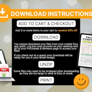 May include: An instructional graphic with the text "DOWNLOAD INSTRUCTIONS" and steps for downloading digital files after purchase. Includes a laptop with a PDF icon, a tablet with "PRESUME COMPETENCE" text, and a smiling face icon.