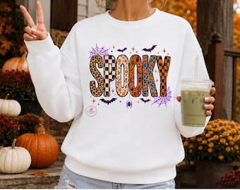 Sudadera colorida y espeluznante de Halloween, sudadera con cuello redondo y estampado otoñal original.