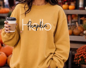Sudadera Hello Pumpkin, cuello redondo moderno con estampado cursivo, camisa acogedora de otoño (tallas S-2X)