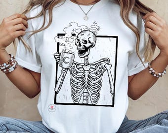 Camiseta de café con esqueleto, camiseta gráfica espeluznante de Halloween para otoño