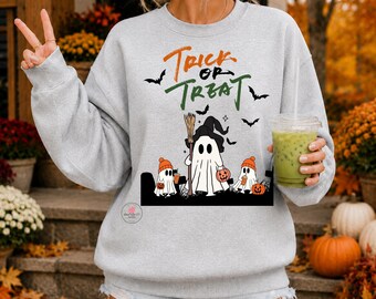 Sudadera con estampado de fantasma para pedir dulces, ropa para amantes del café con leche de Halloween.