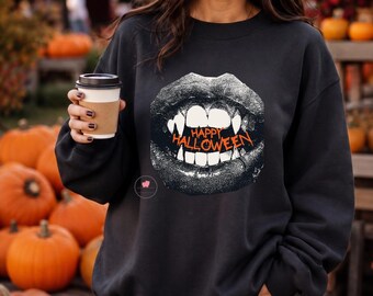 Sudadera con labios colmillos de Feliz Halloween, camiseta con estampado de fuente de terror, ropa retro de otoño.