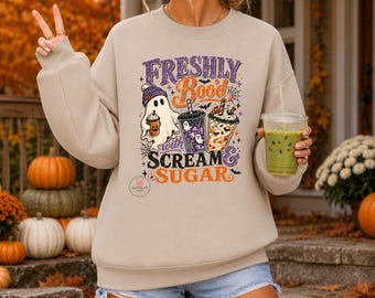 Sudadera de Halloween con estampado de fantasmas y café, camiseta con estampado de fantasmas espeluznantes.
