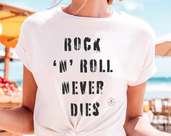 Camiseta con estampado "Rock N Roll Never Dies", estilo vintage de concierto (unisex)