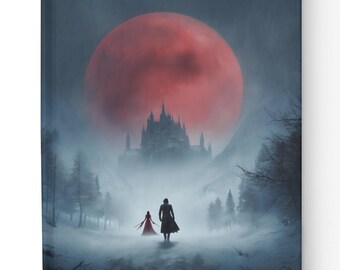 Puede incluir: Diario de tapa dura con una ilustración de fantasía de un paisaje con una gran luna roja, un castillo y dos figuras caminando por un bosque nevado. La cubierta tiene un acabado mate y un color azul oscuro.