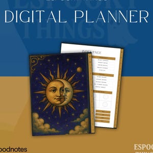 May include: Digital planner with a celestial design featuring a sun and moon illustration on the cover. The planner includes an index page and is branded with "ESPOOKY THINGS" and "Goodnotes". The background is blue and gold.