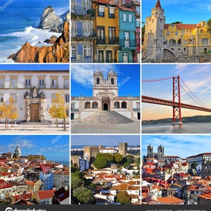 May include: A collage of nine images showcasing various landmarks and architectural features of Portugal. The images include a rocky coastline, a colorful building facade, a bridge, a church, and a cityscape.