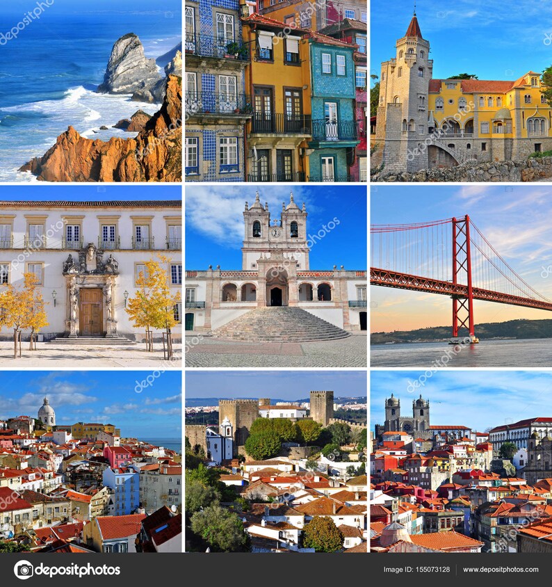 May include: A collage of nine images showcasing various landmarks and architectural features of Portugal. The images include a rocky coastline, a colorful building facade, a bridge, a church, and a cityscape.