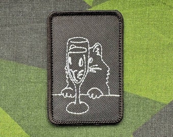 Patch "Cat and wine", Black - White Patch, Velcro Fastener, Hiking Accessory Backpack Traveller Emblem Tactical Equipment Badge
