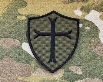 Patch Deus Vult - Cross Olive Green - Black, Velcro fastener; Templar Knight Crusader Patch Morale Tactical Outdoor Velcro Removable