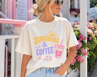 Camiseta Sunshine Iced Coffee, Camiseta de cuello redondo de verano, Camisetas para vacaciones en la playa para mujer, Amante del café helado, Camisetas Sunshine, Camisetas gráficas de café para mujer
