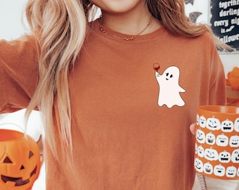 Halloween Ghost Wine Shirt, Cute Ghost Shirt, Halloween Outfits Women, Cocktail Tees, Fall Crewneck, Wine Lover Gift, Spooky Season Tshirts