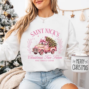 Tree Farm Sweatshirt, Pink Christmas Crewneck, Tree Sweater, Cute Christmas Sweatshirts, Girly Christmas, Coquette Christmas, Pink Truck