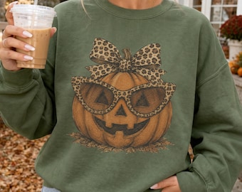 Pumpkin Halloween Fall Sweatshirt, Pumpkin Crewneck, Halloween Outfits Women, Autumn Sweatshirts, Leopard Pumpkin Sweaters, Jack O Lantern