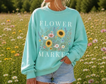 Wildflowers Sweatshirt Lightweight, Sunflower Sweatshirts, Flower Market Crewneck, Summer Floral Sweatshirts, Spring Sweater, Gardening Gift
