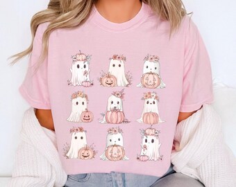 Pink Pumpkin Floral Ghost Shirt, Pink Halloween TShirt, Cute Ghost Tees, Pink Ghost, Pink Pumpkin, Boho Floral Shirts, Ghost Crewneck Tees