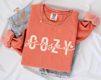 May include: A terracotta-colored long-sleeve crewneck sweatshirt featuring the word COZY in large block letters with the word season written in a cursive script font across the center. The sweatshirt has a Comfort Colors brand label inside.