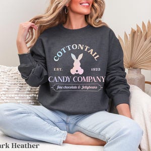 bunny sweatshirt for Easter that has a pastel bunny that says Cottontail Candy Company on a spring sweatshirt in the color dark heather