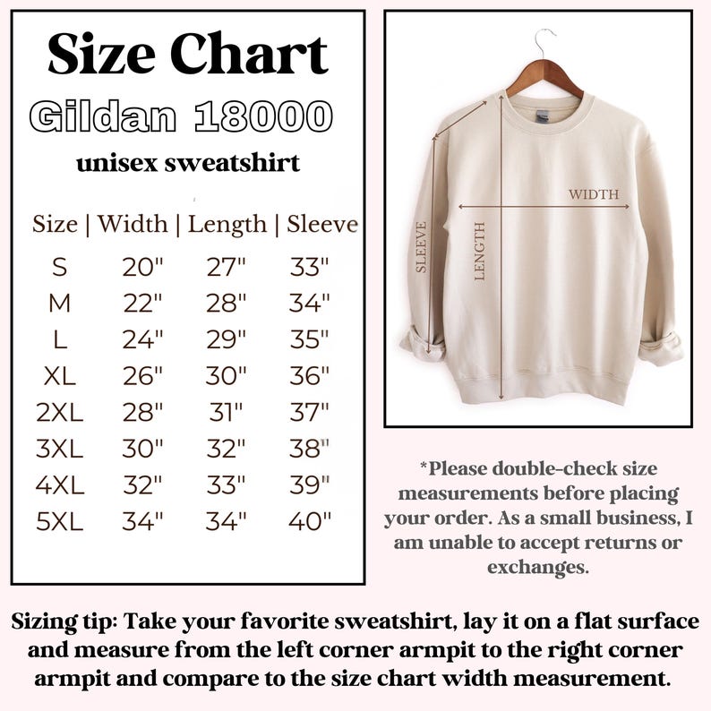 Op de afbeelding: Een beige Gildan 18000 unisex sweatshirt op een hanger met een maattabel. De tabel toont de maten S tot 5XL met bijbehorende breedte-, lengte- en mouwmaten in inches. Een diagram geeft aan hoe het kledingstuk moet worden opgemeten.
