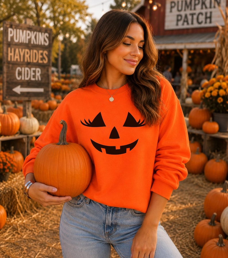 May include: A bright orange long-sleeve sweatshirt featuring a black graphic of a jack-o'-lantern face with eyelashes. The sweatshirt is paired with light blue denim jeans. The design includes a smiling mouth and triangular eyes.