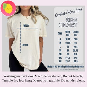 May include: Cream-colored t-shirt with a size chart and washing instructions. The size chart lists measurements in inches for sizes S through 4XL. The shirt is 100% ring-spun cotton. A lemon graphic is in the upper left corner.