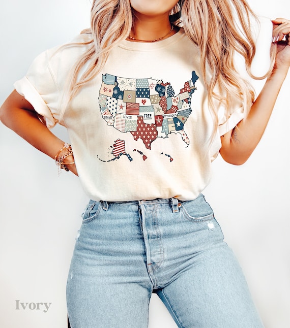 USA America Map Shirt, 4th of July Comfort Colors, Patchwork Aesthetic, Retro America USA Shirts, Womens Graphic TShirts, Patriotic Tees