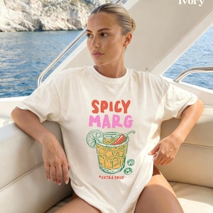 Camiseta Spicy Margarita, Camisetas Cinco de Mayo, Sudadera con cuello redondo para cócteles, Regalos para amantes de las margaritas, Conjuntos para vacaciones en la playa para mujeres, Camisetas de margaritas Ivory