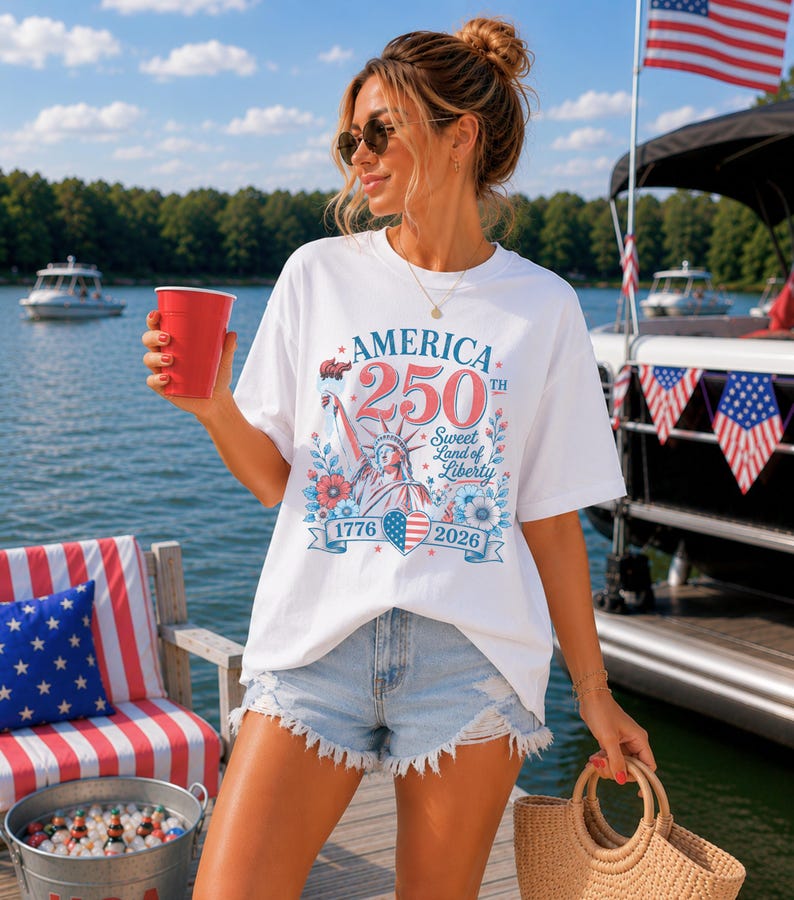 K&ouml;nnte beinhalten: Wei&szlig;es T-Shirt mit einer Grafik zum 250. Jahrestag Amerikas, mit der Freiheitsstatue, floralen Akzenten und den Jahren 1776 und 2026. Die Person tr&auml;gt Jeansshorts und eine Sonnenbrille und h&auml;lt einen roten Becher und eine Korbtasche.