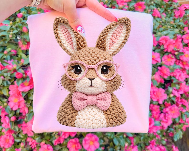 May include: A light pink sweatshirt featuring a crocheted bunny wearing pink glasses and a bow tie. The bunny has brown fur with white and pink accents. The design is centered on the sweatshirt.