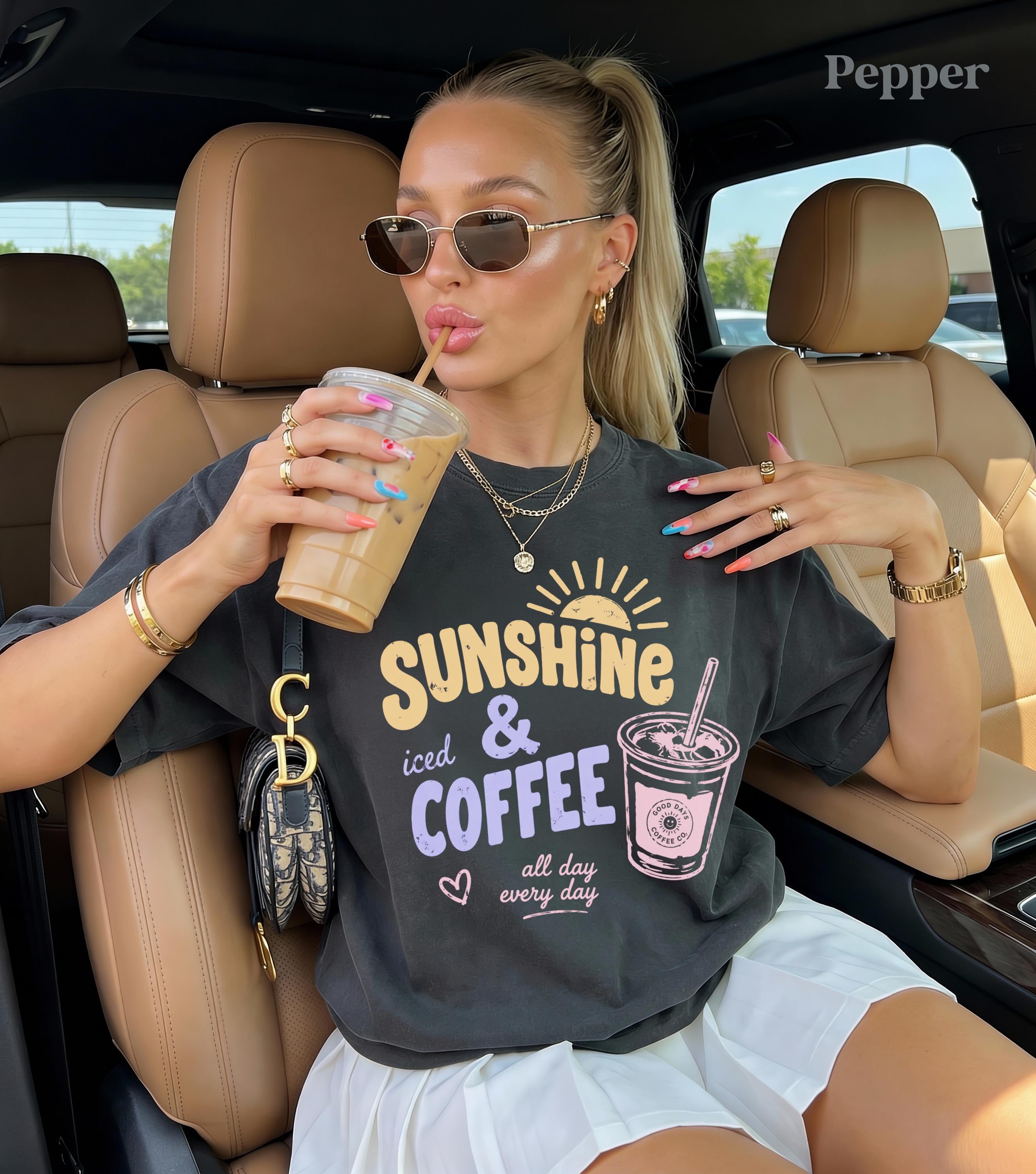 Sunshine Iced Coffee Shirt, Summer Crewneck, Beach Vacation Shirts Women, Iced Coffee Lover, Sunshine Tees, Womens Coffee Graphic Tshirts