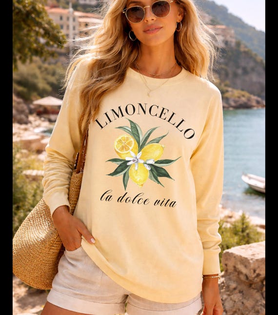 Limoncello Shirt Long Sleeve, Italian Summer Tees, Floral Lemon Shirts, Italy Tees, European Vacation Outfits, Summer Crewneck Women Tshirts