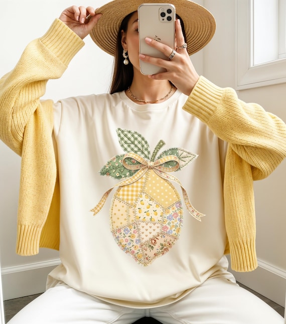 Lemon Floral Patchwork Shirt, Summer Fruit Tees, Flower Crewneck, Lemon Tshirts, Summer Crewneck, Cotton Summer Shirts, Floral Graphic Tees