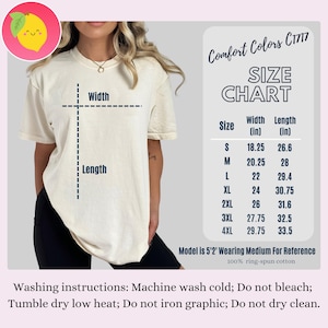 May include: Cream-colored t-shirt with a size chart and washing instructions. The size chart lists measurements in inches for sizes S through 4XL. The shirt is 100% ring-spun cotton. A lemon graphic is in the upper left corner.