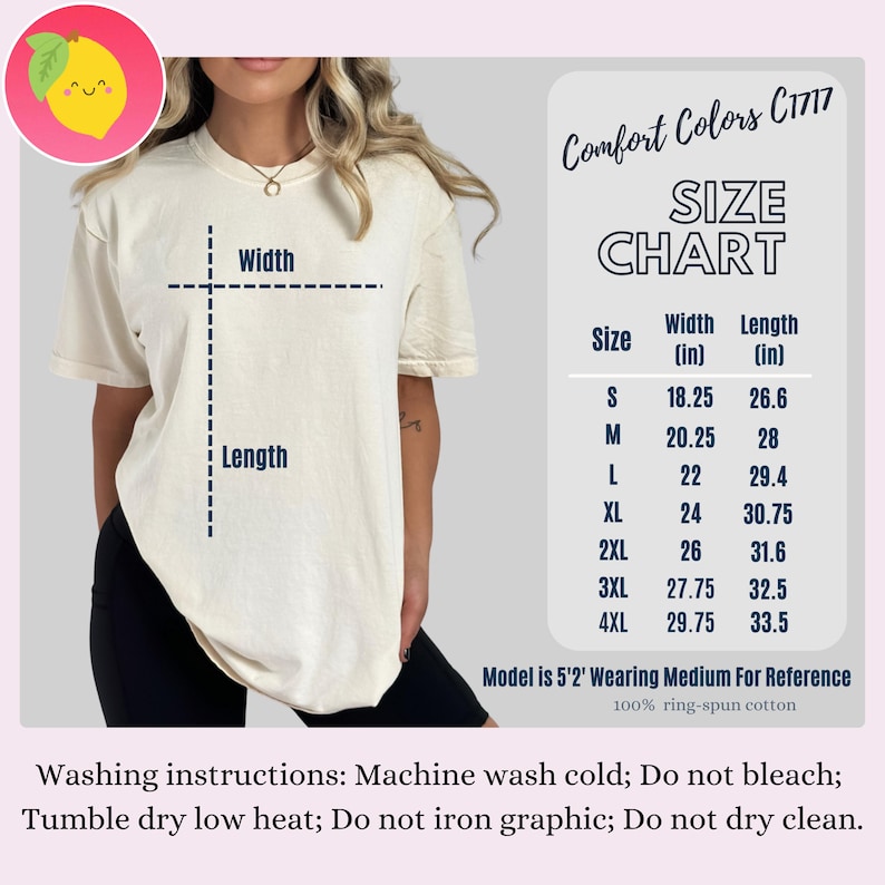 May include: Cream-colored t-shirt with a size chart and washing instructions. The size chart lists measurements in inches for sizes S through 4XL. The shirt is 100% ring-spun cotton. A lemon graphic is in the upper left corner.